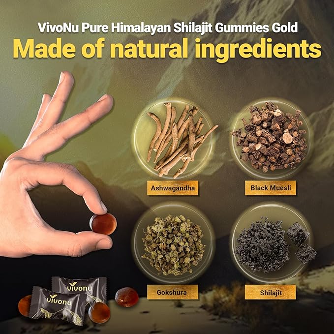 VivoNu Pure Himalayan Shilajit Gummies micronutrient Supplement Himalayan Premium Ingredient with Shilajit - Ashwagandha Gokshura Fulvic Acid &amp 85+ Trace Minerals I for Men Women I Non-GMO