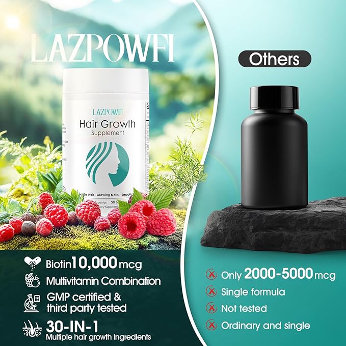 Hair Growth Products Biotin 10000mcg 30-in-1 with Vitamin A B3 C D E Calcium Hair Growth Supplement Supports Hair &amp Nails Natural Growth Vitamins for Women &amp Men - 60 Servings