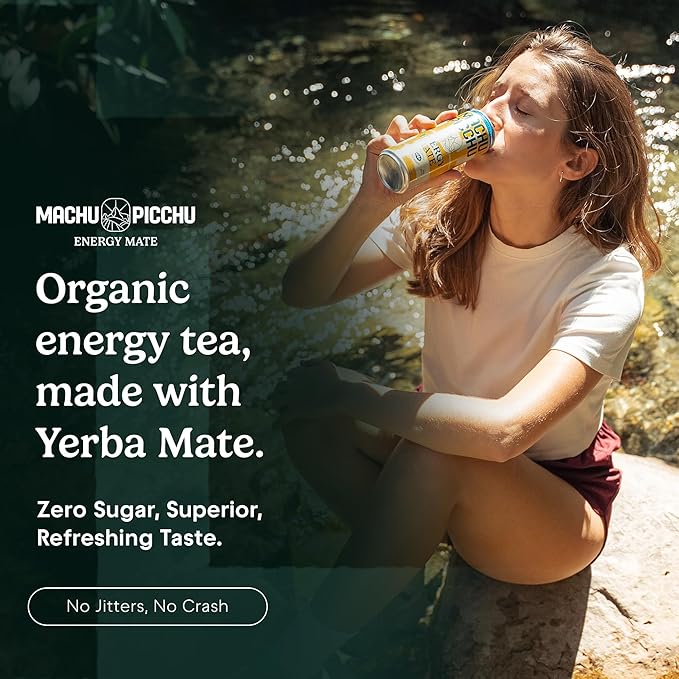 MACHU PICCHU Zero Sugar Energy Mate Drink – Non-Carbonated Yerba Mate 120mg Organic Caffeine Smooth Focus Without Jitters or Crash Low Calorie USDA Organic 12oz Cans (12-Pack-“Ocean Citrus”)