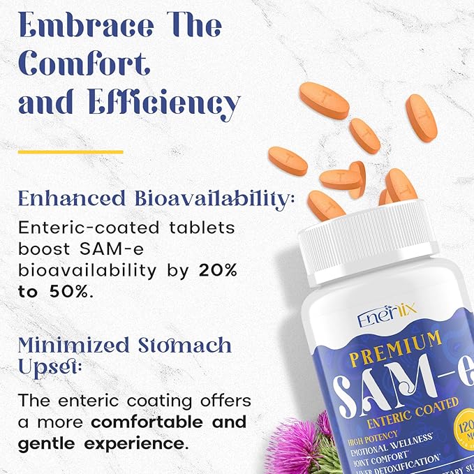 1200 MG SAM e Supplement for Brain Mood Joint and Liver High Absorption SAM-e (S-Adenosyl-L-Methionine) with CoQ10 5-HTP Enteric Coated 120 Tablets Vegan