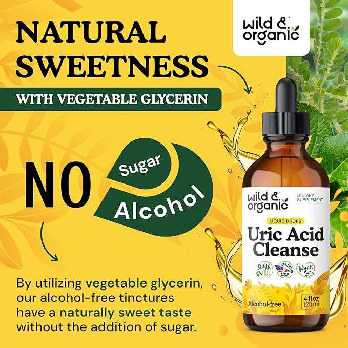 Wild &amp Organic Uric Acid Cleanse Liquid Drops - Tart Cherry Turmeric Celery Chanca Piedra Dandelion Root Extract Complex - Uric Acid Supplement - Vegan Sugar &amp Alcohol-Free Tincture - 4 f