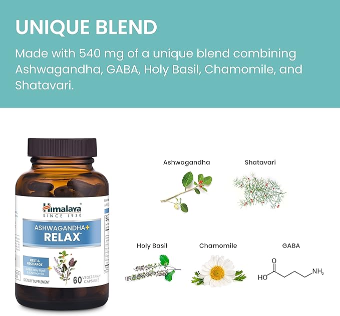 Himalaya Ashwagandha+ Relax with GABA Holy Basil &amp Chamomile for Reset Relaxation &amp Stress Relief Vegan Gluten Free 540 mg 60 Vegetarian Capsules 1 Month Supply