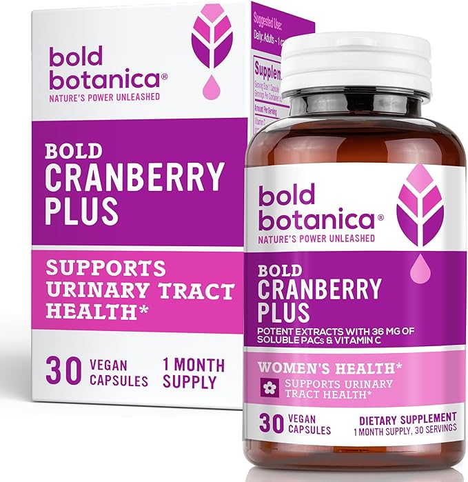 Bold Cranberry Plus Capsules - 100% Soluble 36mg PACs - Cranberry Pills for Women &amp Men with Urinary Tract Support Non-GMO Vitamin C — 30 Vegan Capsules 1 Month Supply