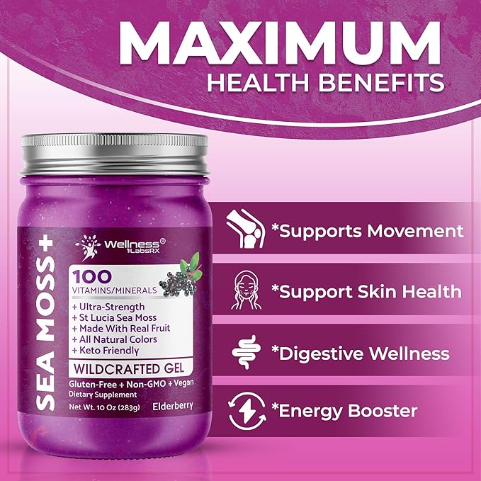 WELLNESS LABSRX Irish Sea Moss Gel Raw - Wildcrafted Superfood Seamoss Gel - Elderberry Flavor Vitamin and Mineral-Rich from Pristine Caribbean Waters Immune and Digestive Health Support - 10 oz.