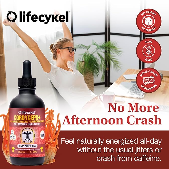 Lifecykel Cordyceps Mushroom Extract w/Kakadu Plum- Natural Energy Supplement for Fatigue &amp Stamina- Mycelium Vitamin C Antioxidants Non-GMO Organic Mushrooms Made in US 2 Fl oz (Packaging May Va