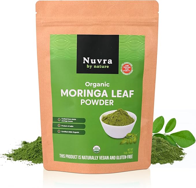 Nuvra by Nature Organic Moringa Leaf Powder – 2 lb | 100% Pure &amp Natural Superfood for Smoothies Tea &amp Lattes | Certified USDA Organic