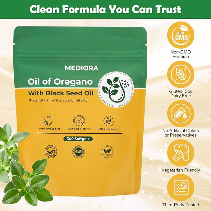 Oil of Oregano with Black Seed Oil Softgels 300 Count 2 in 1 Organic Oregano Capsules for Digestive &amp Immune Support Carvacrol &amp Thymoquinone Plant Based Non-GMO Gluten Free