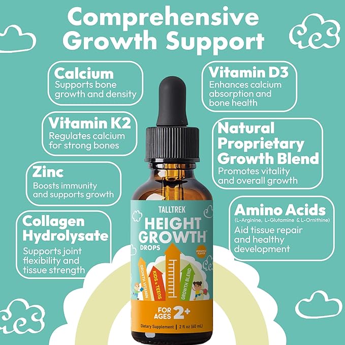 Height Growth Supplement Drops for Kids - Teens Bone Growth Height Increase and Maximizer Immune Health Drops with Vitamins D3 K2 Zinc &amp Calcium - Gluten Free Vegan Pineapple Flavor
