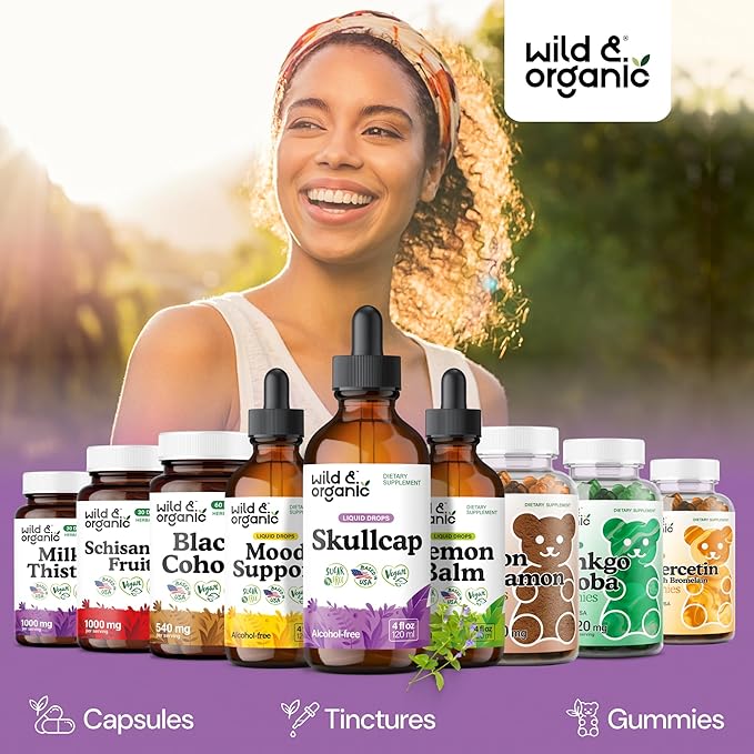Wild &amp Organic Skullcap Herb Tincture - Skullcap Supplement for Mood Support - Relaxing Liquid Extract Drops - Vegan Sugar &amp Alcohol-Free - 4 fl oz
