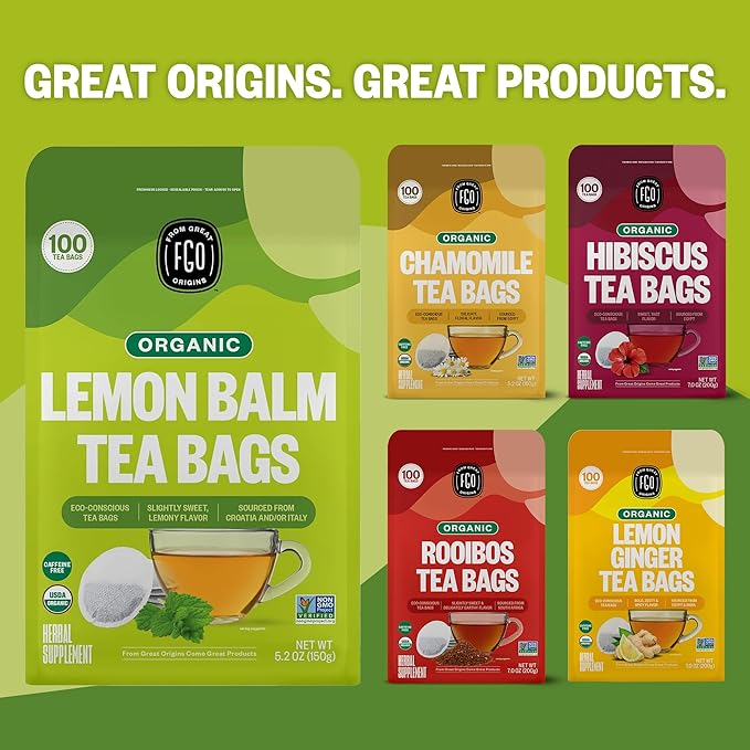 FGO Organic Lemon Balm Tea 100 Count Eco-Conscious Herbal Tea Bags Resealable Bag Caffeine Free Packaging May Vary (Pack of 1)
