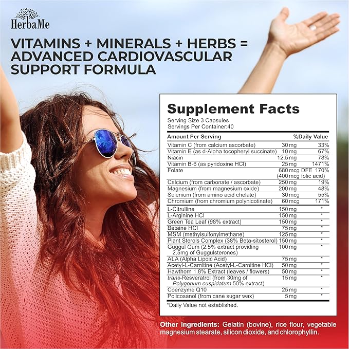Heart Support and Blood Flow Supplement 120 Capsules Supports Cardiovascular Health Healthy Cholesterol Triglyceride Homocysteine CRP Levels | Boost Naturally Circulatory Function