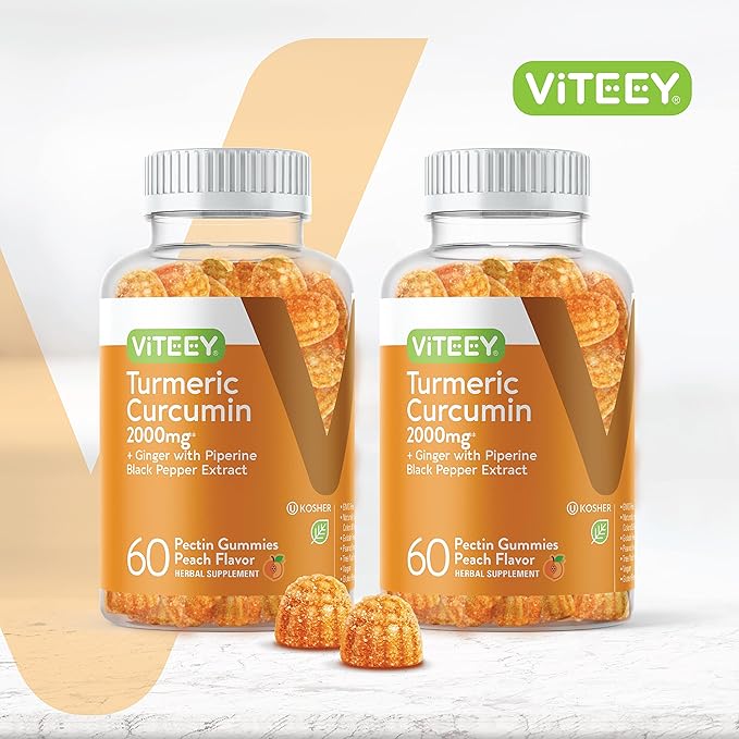 Turmeric Curcumin Gummies with Ginger &amp Black Pepper Herbal Supplement 2000mg Immune Support Healthy Skin and Joint Health Vegan Pectin Based for Adults and Teens - Chewable Peach Flavor(2P