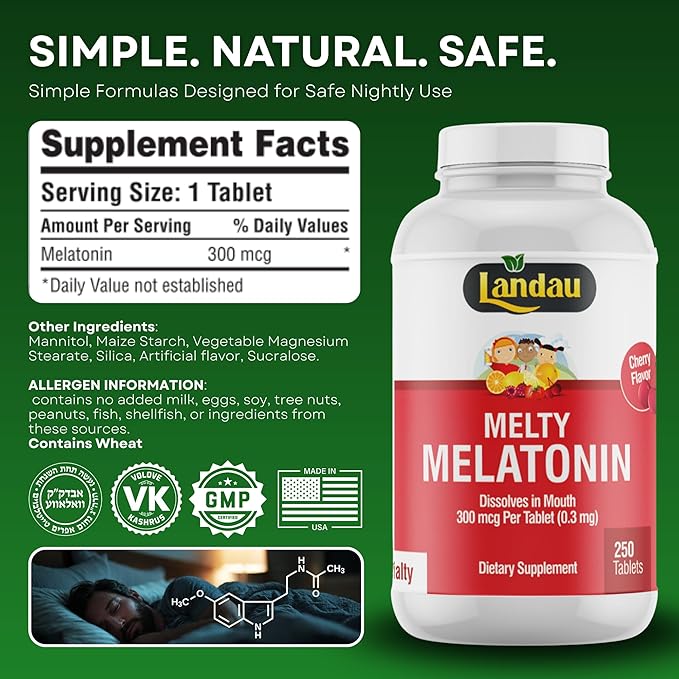 LANDAU 0.3mg-300 mcg Melty Melatonin for Kids &amp Adults – Easy-to-Take Fast-Dissolving Helps You Fall Asleep Faster – Kosher Made in The USA – 250 Tablets Cherry Flavor