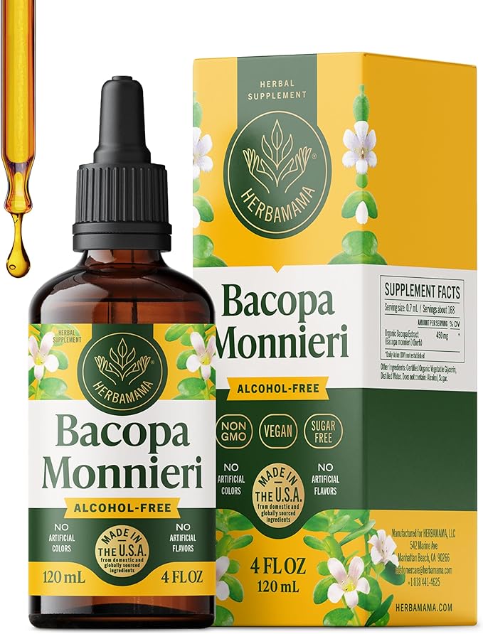 HERBAMAMA Bacopa Monnieri Supplement - Vegan Brain Focus and Clarity Support with Bacopa Extract Tincture - Non-GMO Alcohol &amp Sugar-Free Brahmi Herb Drops 168-Day Supply