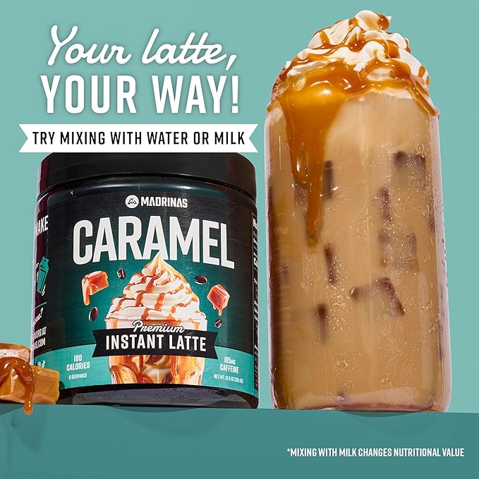 Premium All-Natural Caramel Flavored Instant Coffee Cold Brew Latte Mix - 8 Servings - High Caffeine Rich &amp Flavorful Gluten-Free Convenient | MADRINAS