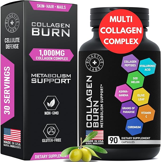 Thermogenic Multi Collagen Burn Capsules - Advanced Type I II III V X Hydrolyzed Collagen Peptides Plus Hyaluronic Acid - Metabolism Cellulite Skin Hair Nails Support - 90 Collagenic Burn Caps