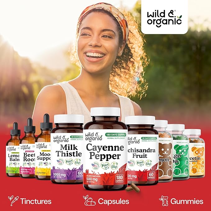 Wild &amp Organic Cayenne Pepper Capsules 500 mg - Digestive Support - Pure Cayenne Pepper Extract - Capsaicin Powder Supplement - Vegan No Fillers Non-GMO - 180 Count