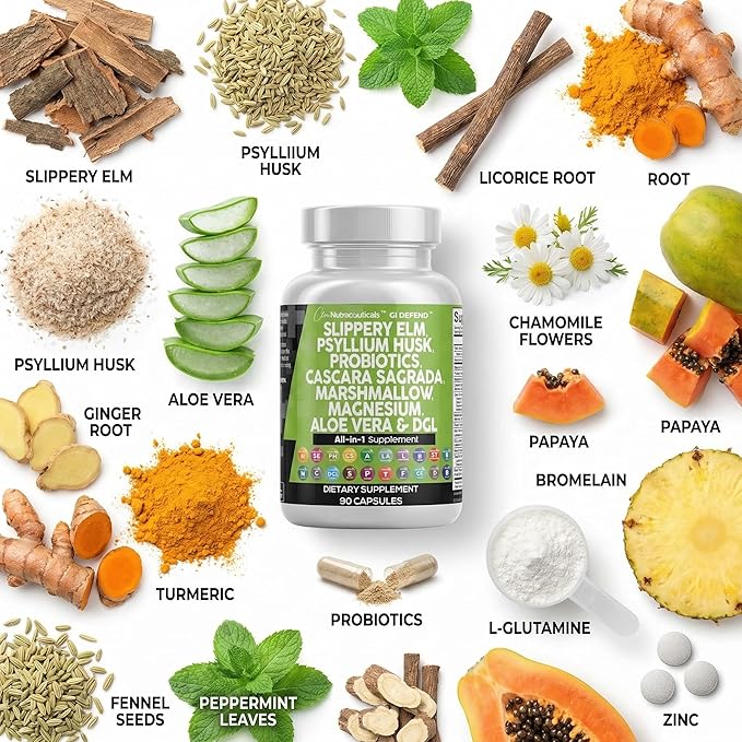 Clean Nutraceuticals Slippery Elm Psyllium Husk Pre Probiotic Digestive Gut Health Supplement with Aloe Vera Cascara Sagrada Marshmallow Root DGL Licorice Senna Extract