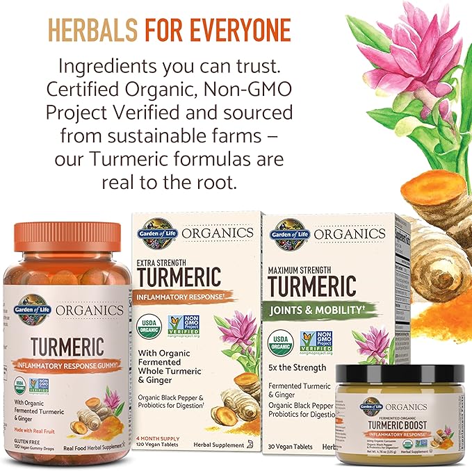 Garden of Life Organics Turmeric Booster Inflammatory Response Powder - 30 Servings 50mg Curcumin (95% Curcuminoids) &amp Probiotics Organic Non-GMO Vegan &amp Gluten Free Herbal Supplements