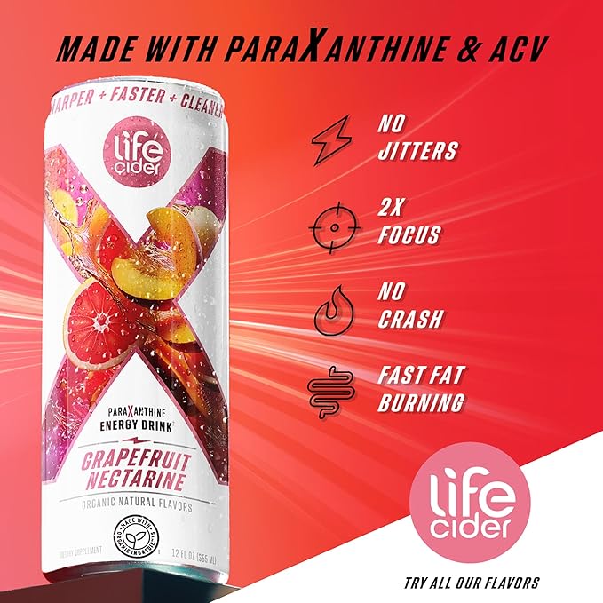 Life Cider X Grapefruit Nectarine Apple Cider Vinegar Healthy Energy Drink 12 Pack Organic Energy Drink Made with ACV and Paraxanthine Natural Flavors No Jitters No Crash
