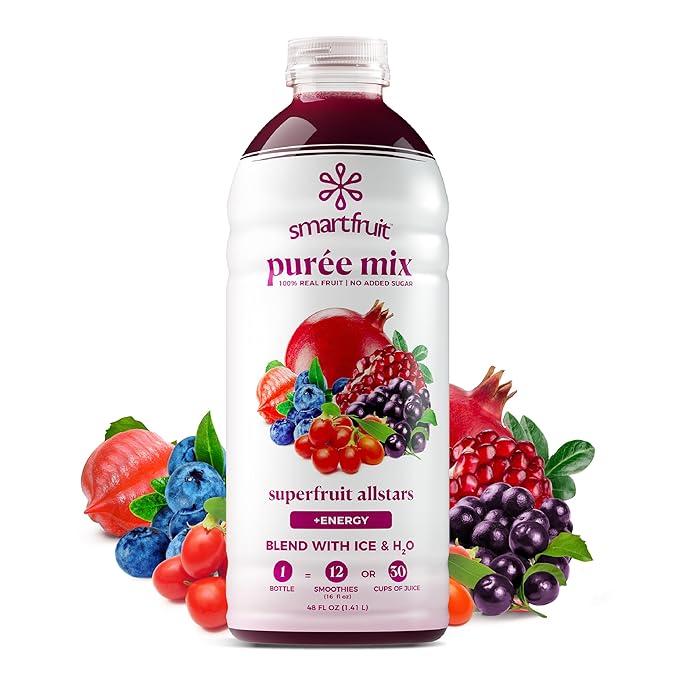 Smartfruit Superfruit All-Stars + Energy – 100% Real Fruit Purée with Blueberry Pomegranate Acai &amp Goji Berries – Great for Smoothies Juice Yogurt Cocktails Teas &amp More – 48oz