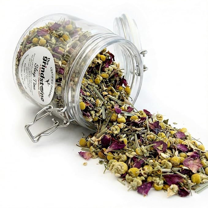 Grindstone Organic Sleep Time Tea – Herbal Infusion with Valerian Root Chamomile &amp Lemon Balm – Loose Leaf Tea in PET Kilner Jar – Relaxing Bedtime Blend – Pack of 2