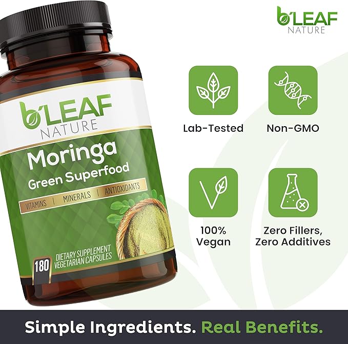B’Leaf Nature 100% Pure Organic Moringa Oleifera Leaf Powder Capsules I Immune Support I 1000mg per serving I Gluten-Free Non-GMO I Superfood w/ Essential Vitamins &amp Amino Acids I 180 Veggie Capsu