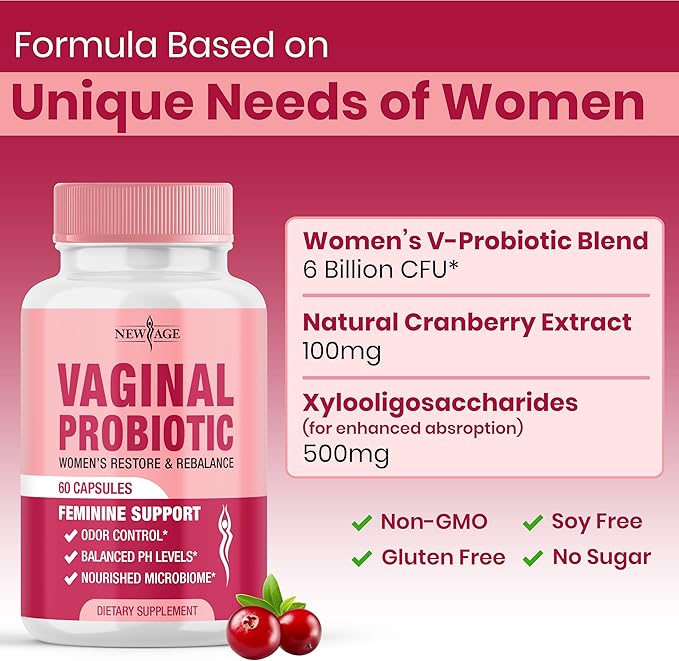 NEW AGE Vaginal Probiotics for Women with Prebiotics Cranberry Extract and a Lactobacillus Probiotic Blend Supports Healthy pH Balance Odor Control Vaginal Flora - 180 Capsules