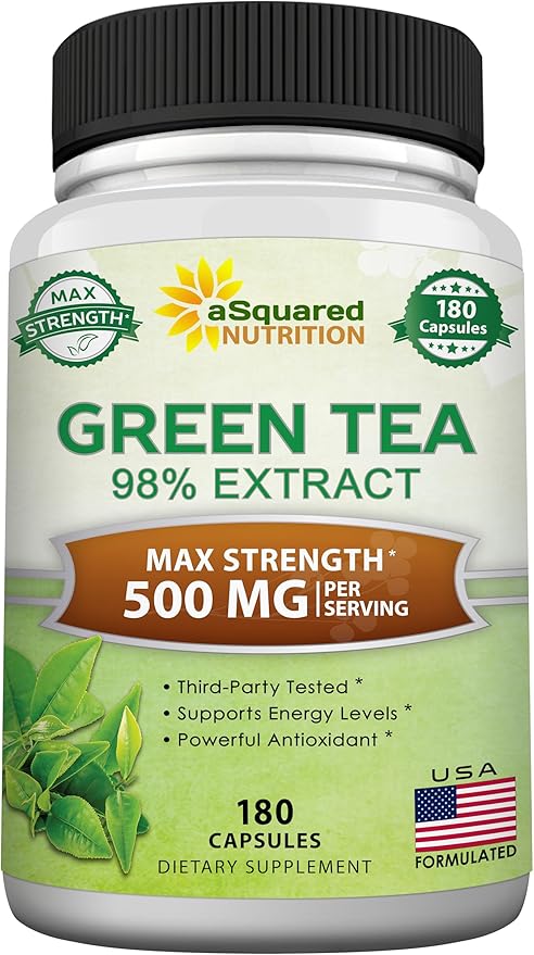 aSquared Nutrition Green Tea Extract with EGCG – 180 Capsules – 500mg per Capsule – 75% Polyphenols 45% EGCG – Antioxidant Support Heart Health Natural Detox – Low Caffeine Supplement