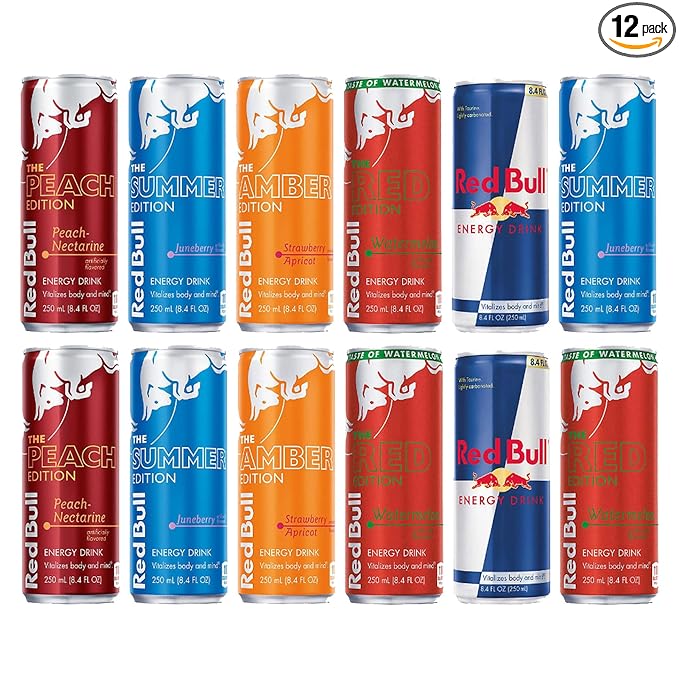 BeeQ - (Pack of 12) Red Bull Energy Drink Variety Pack - 5 Different Flavors : Original Watermelon Strawberry Apricot Juneberry Peach Nectarine -8.4 oz Cans