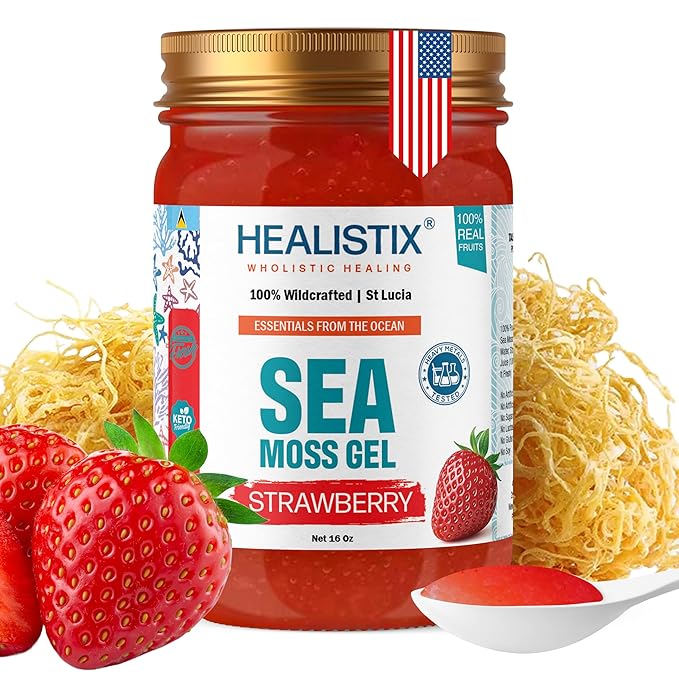 Healistix Strawberry Sea Moss Gel [16 Oz] - Exquisitely Crafted from Seamoss Wildcrafted in The Pristine Waters of St Lucia A Natural Delight - Sea Vegetable in Glass Jar