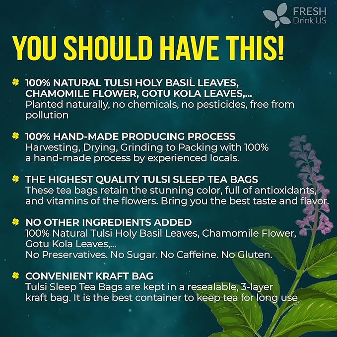 FreshDrinkUS Tulsi Sleep Tea Bags | 75 Tea Bags | Herbal Blend with Tulsi Holy Basil Chamomile Gotu Kola Ashwagandha &amp Peppermint | Naturally Caffeine-Free Relaxing Evening Herbal Tea. Vegan