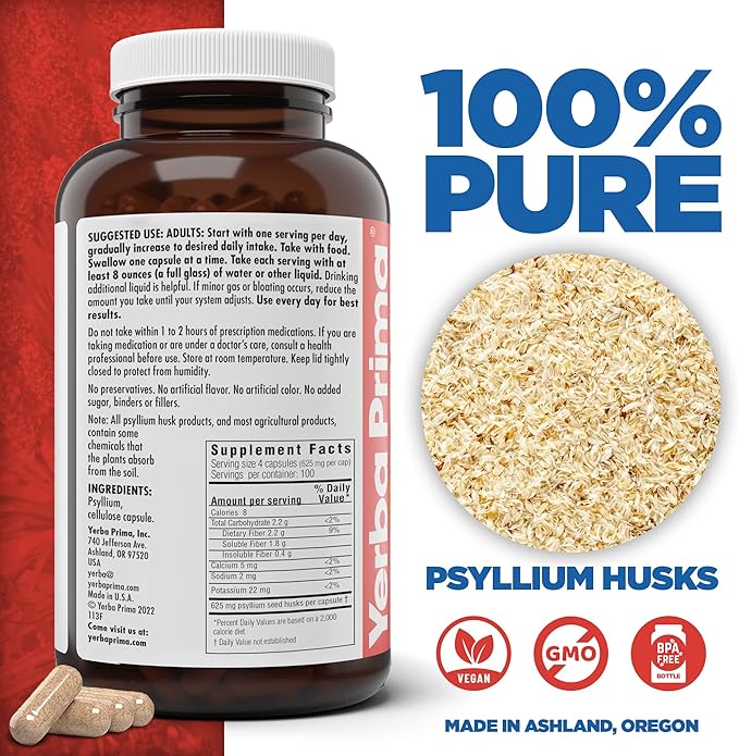 Yerba Prima Psyllium Husks Veg Caps 400 Capsules (625mg) - Vegan Non-GMO Gluten Free Colon Cleanser Daily Fiber Supplement for Gut Health &amp Regularity