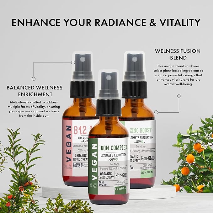 Iron Support Spray Bundle Liquid Vitamin B12 Methylcobalamin Zinc Picolinate and Bisglycinate | Non-GMO Gluten-Free Sugar-Free Iron Supplement | 2 Fl Oz Each | 360 Days Supply