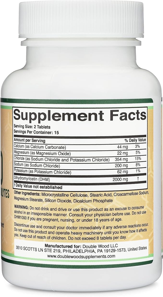 DHM1000 Dihydromyricetin (DHM) Tablets - Most Powerful DHM Supplement on The Market - 1000mg (30 Count) Enhanced with Electrolytes for Hydration and Liver Support by Double Wood (Pack of 2)