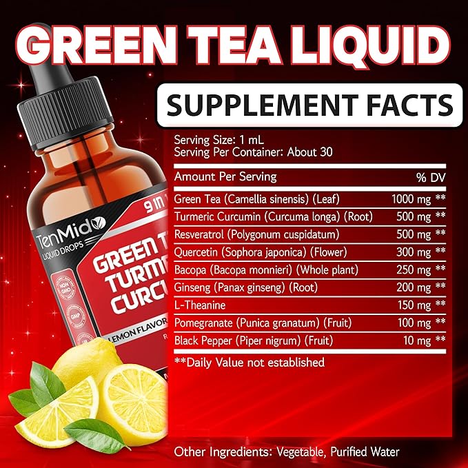 Green Tea Extract Liquid Drops - 9in1 with Turmeric Curcumin Resveratrol Quercetin Bacopa Panax Ginseng L-Theanine Pomegranate and Black Pepper - 30ml 1 Fl Oz