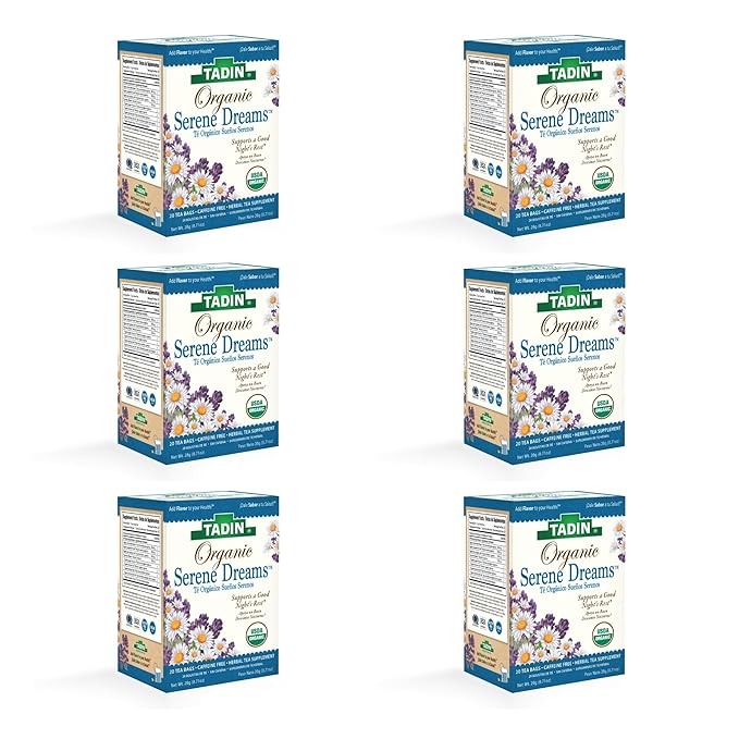 Tadin Organic Serene Dreams Tea Caffeine Free Herbal Tea to Support a Good Night's Rest 20 Tea Bags Per Box Pack of 6