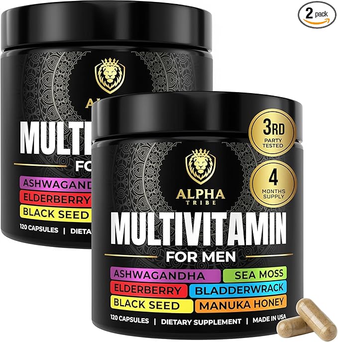 Alpha Tribe Multivitamin for Men w/Sea Moss Black Seed Oil Ashwagandha Turmeric Bladderwrack Burdock Vitamin C Elderberry Manuka | Daily Men's Vitamins &amp Minerals Supplement - 240 Count