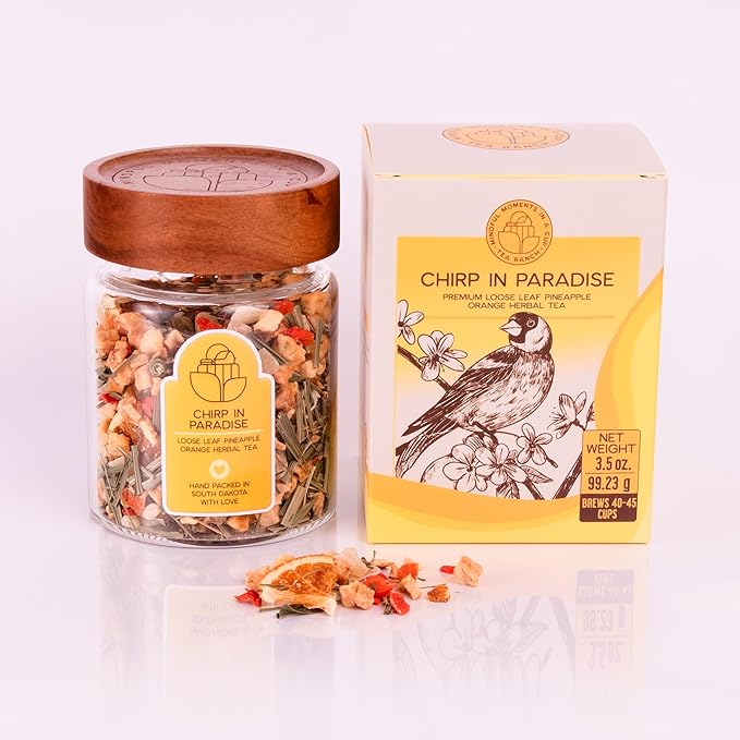 Tea Ranch – Chirp in Paradise Pineapple Orange Loose Leaf Tropical Fruit Herbal Tea Premium Blend Naturally Caffeine‑Free Herbal Enjoy Hot or Iced &amp Brews Up to 45 Cups 3.5 oz Reusable Glass