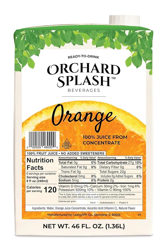 Orchard Splash 46oz Ready to Drink Juice (12 Aseptic Cartons per Case) (Orange 100%)