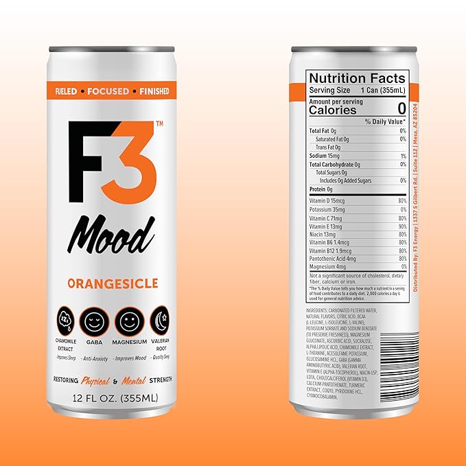 F3 Mood - Functional Sparkling Juice Drink with Powerful Nootropics to Reduce Stress BCAAs for Muscle Recovery and Chamomile &amp Valerian Root for Sleep - Caffeine Free (Orangesicle 12 Pack)