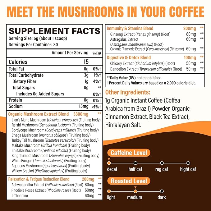 Mushroom Coffee 23 IN 1 Instant Mushroom Coffee - Zero Sugar with 100% Fruiting Lion's Mane Chaga Cordyceps Reishi Ashwagandha Decaf Arabica for Focus Energy Gut Digestion Immunity 5.3 oz
