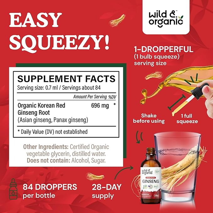 Wild &amp Organic Korean Red Ginseng Extract Drops - Panax Ginseng Supplement for Immune Support - Liquid Root Tincture for Overall Well-Being - Vegan Sugar &amp Alcohol-Free - 2 fl oz