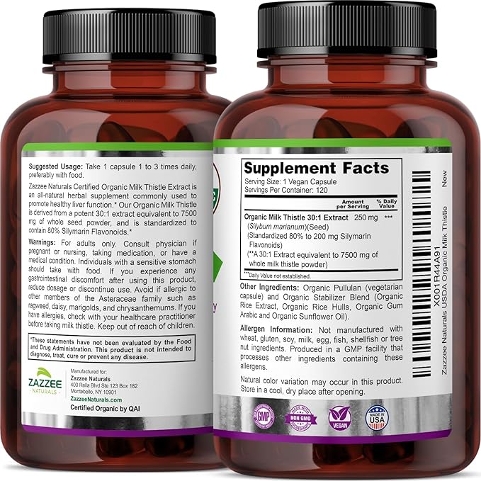 Zazzee USDA Organic Milk Thistle 30:1 Extract 80% Silymarin 120 Vegan Capsules 4 Month Supply Certified Kosher High Potency Liver &amp Antioxidant Support Silybum Marianum Non-GMO Made in the