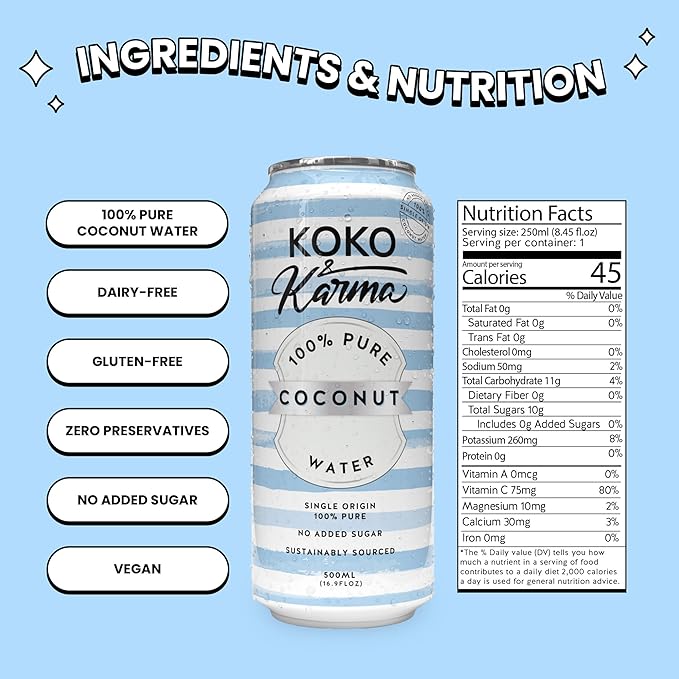Koko &amp Karma Pure Coconut Water - All Natural No Added Sugars No Preservatives (12 Pack) (16.9 Fl Oz (Pack of 12) Pure Coconut Water)