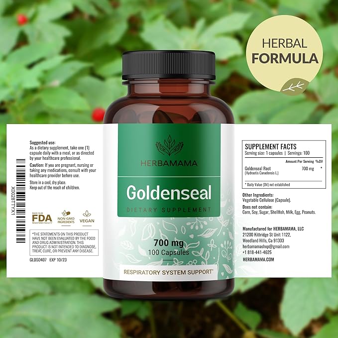 HERBAMAMA Goldenseal Root Capsules 700mg - Respiratory System &amp Immune Support with Goldenseal Powder Supplement - Vegan Non-GMO