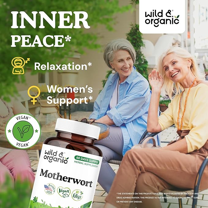Wild &amp Organic Motherwort Capsules 1000 mg - Calmness &amp Women's Support - Natural Motherwort Supplement - 60 Days of Supply - 120 Vegan Herb Capsules - Non-GMO Gluten-Free No Additives