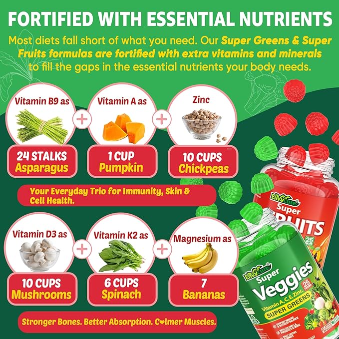 Super Greens Gummies Daily Green Superfood Supplement w/Spirulina Chlorella Mushrooms Probiotics Multivitamins 50+ Super Greens &amp Veggies Gummies to Boost Immunity Energy &amp Gut Health