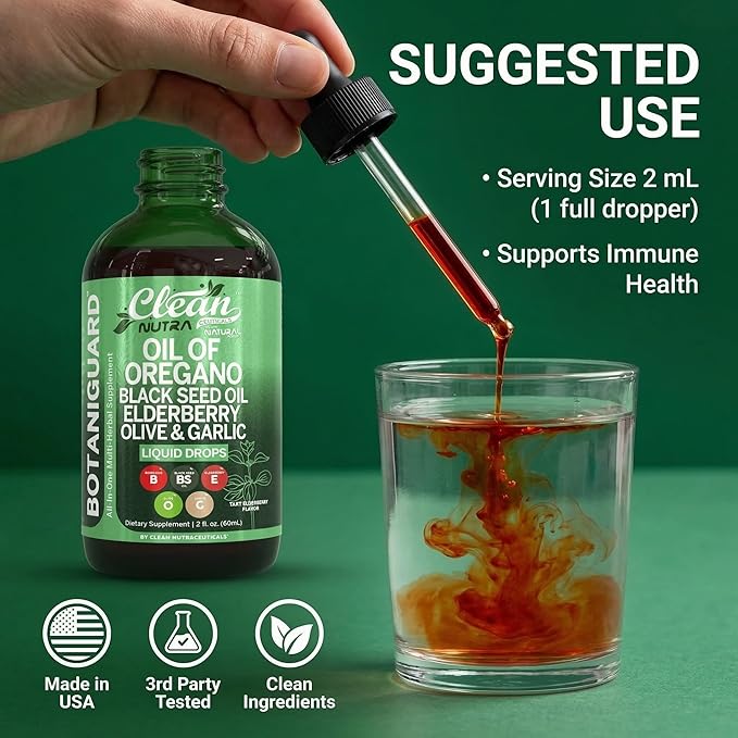 Clean Nutra Oil of Oregano Drops Black Seed Oil Elderberry Vitamin D D3 K2 Olive Garlic Immune Support Supplement Wellness Formula Zinc Supplements Liquid 2 Fl Oz BotaniGuard Vegan Non-GMO