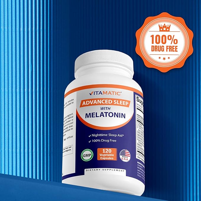 Vitamatic Advanced Sleep Aid with Melatonin - 120 Vegetable Capsules Made with B6 Magnesium L-Theanine L-Tryptophan 5-HTP GABA Valerian Chamomile Passion Flower Ashwagandha &amp Black Pepper